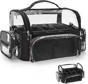 Makeup Brush Bag, Clear Makeup Brush Holder with Lid, Extra Large Capacity Travel Cosmetic Bag Makeup Artist Must Haves, Black Makeup Case, Make Up Organizers and Storage, with Adjustable Dividers,