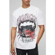 Mens White Oversized Extended Neck Ofcl Man Rhinestone Spider T-Shirt