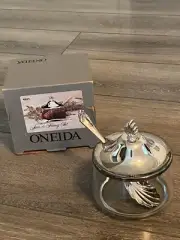 Vtg Oneida 4 Piece Honey Jam Set 1996 Original Box #4921 Glass Silverplate USA