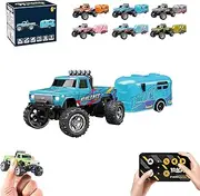 Mini Rc Monster Truck, Alloy Rc Semi Truck with Trailer, 1:64 Scale Monster Truck Remote Control Car with Lights, Mini Monster Truck Rc Car with Trailer (Blue)