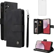 [Asuwish] Phone Case for Samsung Galaxy A14/M14 5G Wallet Cover with Screen Protector and Wrist Strap Leather Credit Card Holder Flip Zipper Stand Cell Accessories A 14 4G 14A 14M G5 Women Men Black