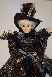 28" Halloween Elf Doll Mantel Shelf Decor Black & Gold Sequin Hat Nicole Miller