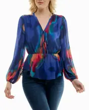 NICOLE MILLER AURORA CHIFFON TIE FRONT PEPLUM V-NECK BLOUSE NWT $68 MEDIUM