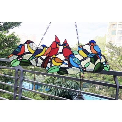 Stained Glass Window Panel 27" x 10" Singing Birds Tiffany Style ONE THIS PRICE