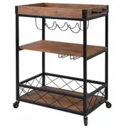 EKKIO 3 Tiers Kitchen Serving Wine Cart Trolley with Wine Rack Walnut