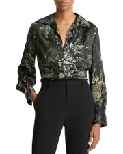Vince Grape Vine Placed Smocked Silk Blouse