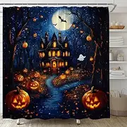 YSATNSFT Spooky Halloween Shower Curtain Scary Castle Gothic Forest Pumpkin Ghost Bat Full Moon Night Haunted House Fabric Bathroom Decor Set with Hooks,(70" WX70 H)