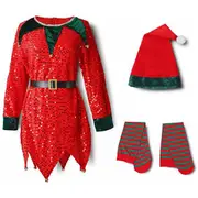 Kids Christmas Cosplay Costume Outfits Sequin Dress Leggings Cap Set,Red - 7-8 Years