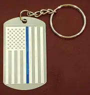 Thin BLUE Line Key Ring / Key Chain STAINLESS STEEL USA