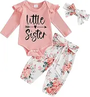 [Qianderer] Baby Girl Fall Outfits Letter Print Crew Neck Long Sleeve Romper Floral Print Long Pants with Belt Headband 3Pcs Clothes Set