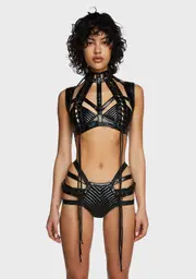 [Club Exx] Rude Awakening Harness Bra Top - Black Holo