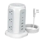 USB C Flat Plug Power Strip Tower with 9 Outlets 5 USB Ports (2 USB C), A-White