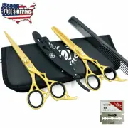 HAIR CUTTING HAIRDRESSING THINNING SHEARS SCISSORS SET + RAZOR GOLD 6"