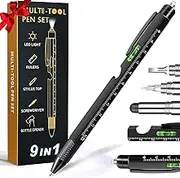 Gifts for Men, 9 in 1 Multitool Pen Set - LED Light, Touchscreen Stylus, Ruler, Level, Bottle Opener, Phillips Screwdriver, Flathead, and Ballpoint Pen - Birthday Gifts for Men, Dad, Husband (Black)