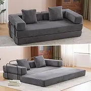 Folding Sofa Bed, Convertible Sleeper Bed Corduroy Floor Couch with Pillows, Fold Out Couch, King Size Bed Futon Couchs, Foldable Memory Foam Mattress for Living Room Bedroom Playroom (Dark Grey)