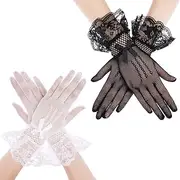 [Ｗoowayo] 2 Pairs Women Lace Gloves, Elegant Flouncing Cuff Design Short Gloves, Wrist Length Floral Mesh Gloves Fishnet Gloves for Bridal Wedding Opera Evening Tea Party Fancy Costume (White & Black)