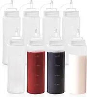 DOTOTO Condiment Squeeze Bottles, 16oz/470ml Durable Sauce Bottles with Twist on Caps and Measurement, Plastic Squeeze Squirt Bottle for BBQ, Ketchup, Grilling, Salad, Dressing(Pack of 8)