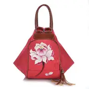 Women Canvas Backpack Print Lotus National Shoulder Crossbody Bag