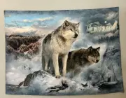 Fabric Wall Hanging Home Decor Lap Blanket Wolves Birds Cranes Snowy Mountains