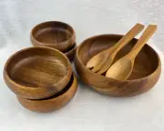 Vintage OMATEAU DE BOIS LTEE Wood 7 Pcs Salad Serving Set In Original Box