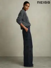 Reiss Navy Ava Cotton-Tencel Wide-Leg Combat Trousers (AW3628) | $310