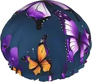 Beautiful Purple Butterfly Print Various Activities Shower Cap Reusable Soft And Lightweight Bath Hair Cap Long Hair