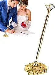 Signature Pen Set with Hollow Round Pen Holder - Metal Wedding Pens in Gold | Unusual, Cute Gemstone Pen Decor, for Wedding, Bride, Engagement, Guest Book, Valentine's Day