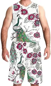 [KQNZT] Basketball Jerseys Shorts Sport Set, Outfit Tank Top Track Shorts, Men's Athletic Basketball Jersey, Modern Abstract Art Peacock Lemon