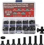 Zmbroll 620 Pcs M2.5 Flat Head Machine Screws Black Phillips Screws Bolts Nuts Assortment Kit M2.5 x 3mm/4mm/5mm/6mm/8mm/10mm/12mm/14mm