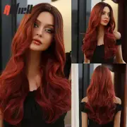 Brown to Wine Red Synthetic Wigs Long Wavy Wig Middle Part Hair Wig BlackWomen