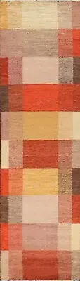 Checkered Gabbeh Oriental Runner Rug Contemporary Hand-knotted Wool Carpet 3x10
