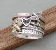 Couple Double Honey Bee Solid 925 Sterling Silver Spinner Ring, Heart Bee Ring