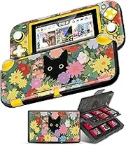 Gurgitat 2in1 Cute for Switch Lite Case Protector Switch Lite Game Cases Cartridge Storage Flowers Black Cat Cartoon Girls 24 Game Card Holder Organizer+Skin Dockable Cover for Nintendo Switch Lite