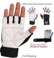 White Leather Gym Weight lifting wrist support bodybuilding long strap Gloves