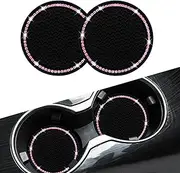 Car Coasters, Senose Bling Car Accessories for Women, Universal 2.75" Anti-Slip Silicone Cup Holder Coasters for Car, Cute Diamond Vehicle Interior Decor (Black Pink/2 Pack)
