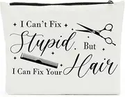 NBIAN Hair Stylist Makeup Bag, Hairdresser Gift, Hairdresser Gifts for Women I Can't Fix Stupid But I Can Fix Your Hair, Makeup Travel Case, Inspirational Hair Stylist Gift Valentine's Day Gift, White83, 10X6X1.9 inches