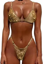 [YAUASOPA] Women Shiny Bikini Micro Sexy String Two Pieces Swimsuit Female Thong Swimwear