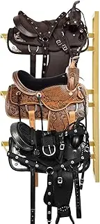 GOLASON 3 Tier Wall Mount Horse Saddle Rack, Holds 3 Equestrian Western and English Saddle Stand, Hanging Horse Pad and Blanket Supplies Accessories (Gold)