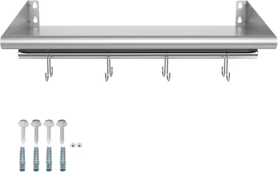 12" X 24" Stainless Steel Shelf with 4 Hooks, Wall Mounted Floating Shelving Sto
