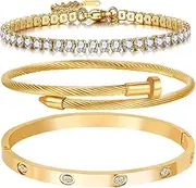 [A D. ALLEN & DANMI.] 18 K Gold Plated Love Bangle Bracelet Set Flexible Wide Wristband Bangle Bangle Set for Love