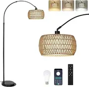 Arc Floor Lamp, Dimmable LED Floor Lamp with 3 Color Temperature, Black Standing Lamp with Rattan & Fabric Double Drum Shade, Boho Farmhouse Tall Pole Lamp for Living Room Bedroom (Type B)