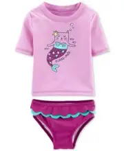 Carters Toddler Girls 3T Purr-Maid Rash Guard 2-Pc Swimsuit Purple Cat Mermaid