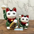 Maneki Neko Beckoning Lucky Cat Pair Parent Child Green Arabesque Pottery