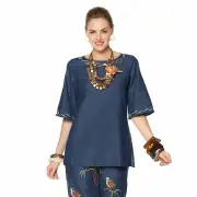 Rara Avis by Iris Apfel Embroidered Denim Top in Denim Cotton Blue size 8