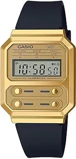 [Casio] DIGITAL CLASSIC SQUARE, ALARM, S/WATCH,100MWR, GOLD FACE, BLK RESIN BAND