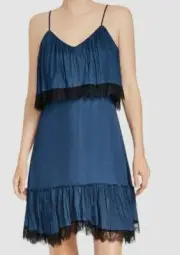 $549 Halston Heritage Women Blue V-Neck Sleeveless Lace-Trim Shift Mini Dress 12