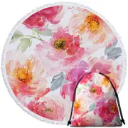 Art Painting Peach Red Flowers Round Beach Towel
