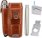 AMANCY Luxury 2 Holder Brown Leather Portable Cigar Case Gift Set, leather-Wrapped Cigar Travel Humidor Contained 2 Oz Stainless Steel Flask with Lighter and Cutter