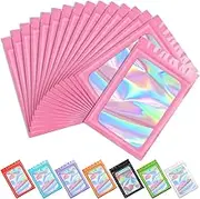 Funfery 100 pcs Pink Smell Proof Mylar Holographic Bags Packaging Bags, Clear Resealable Odor Proof Bag Foil Pouch Bag for Food Storage,Lipgloss,Jewelry,Eyelash Packaging Small Business(2.4x3.9Inch)