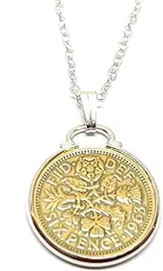 [OCC Old Coin Cufflinks] Cinch Pendant 1963 LuckyGold Plated sixpence 60th Birthday plus a Sterling Silver 18in Chain, Silver Plated, Other Clasp Type